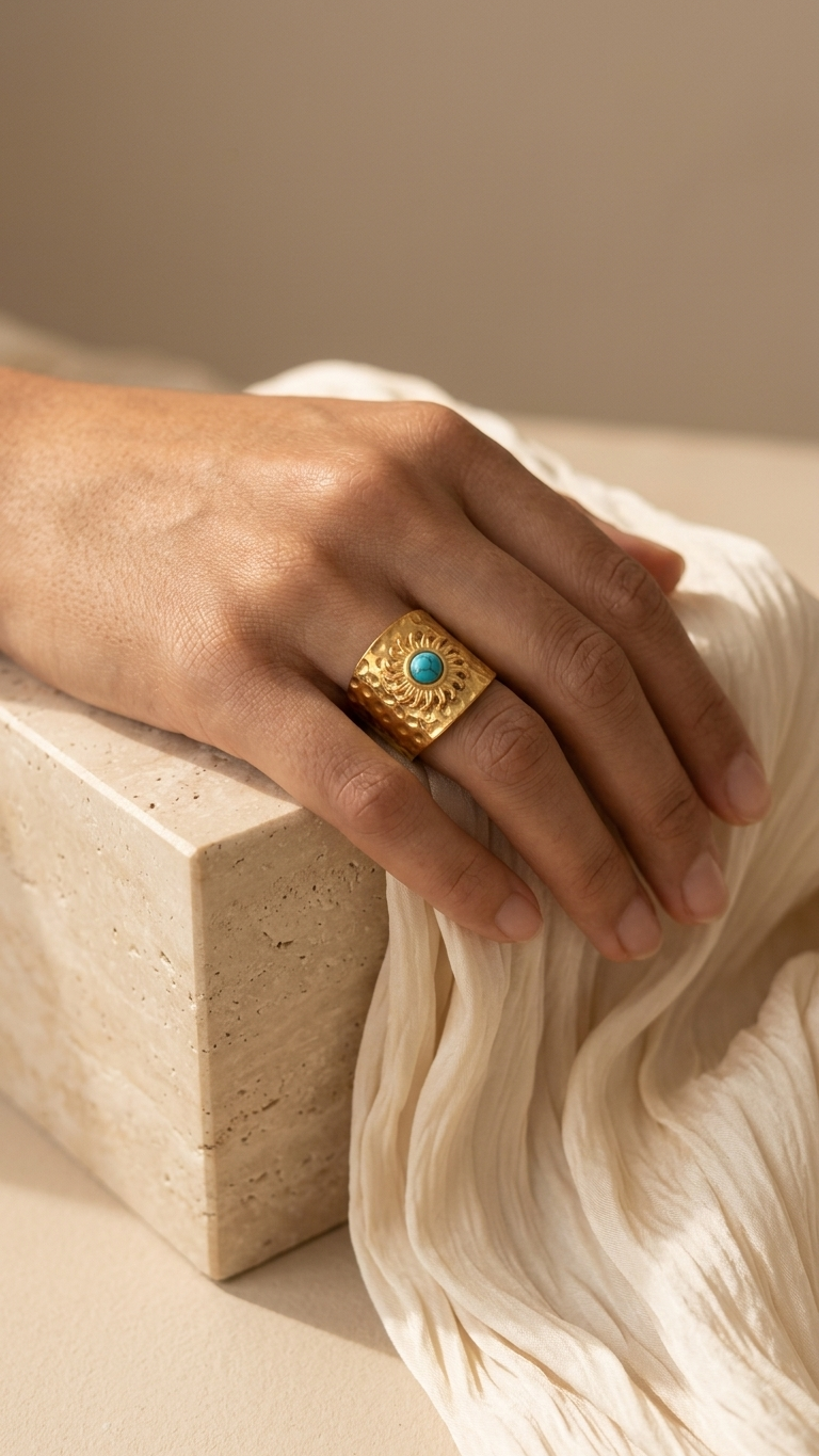 Anillo SURYA Ajustable en Acero Dorado e Imitación Turquesa
