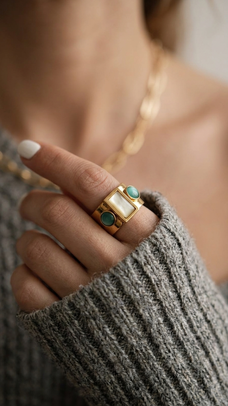 Anillo TRIAD en Acero Baño Oro PVD y Piedras Cat Eye