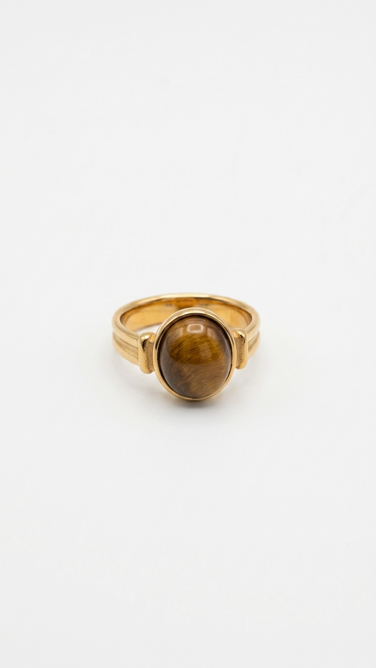 Anillo SORA en Acero Baño Oro PVD y Ojo de Tigre