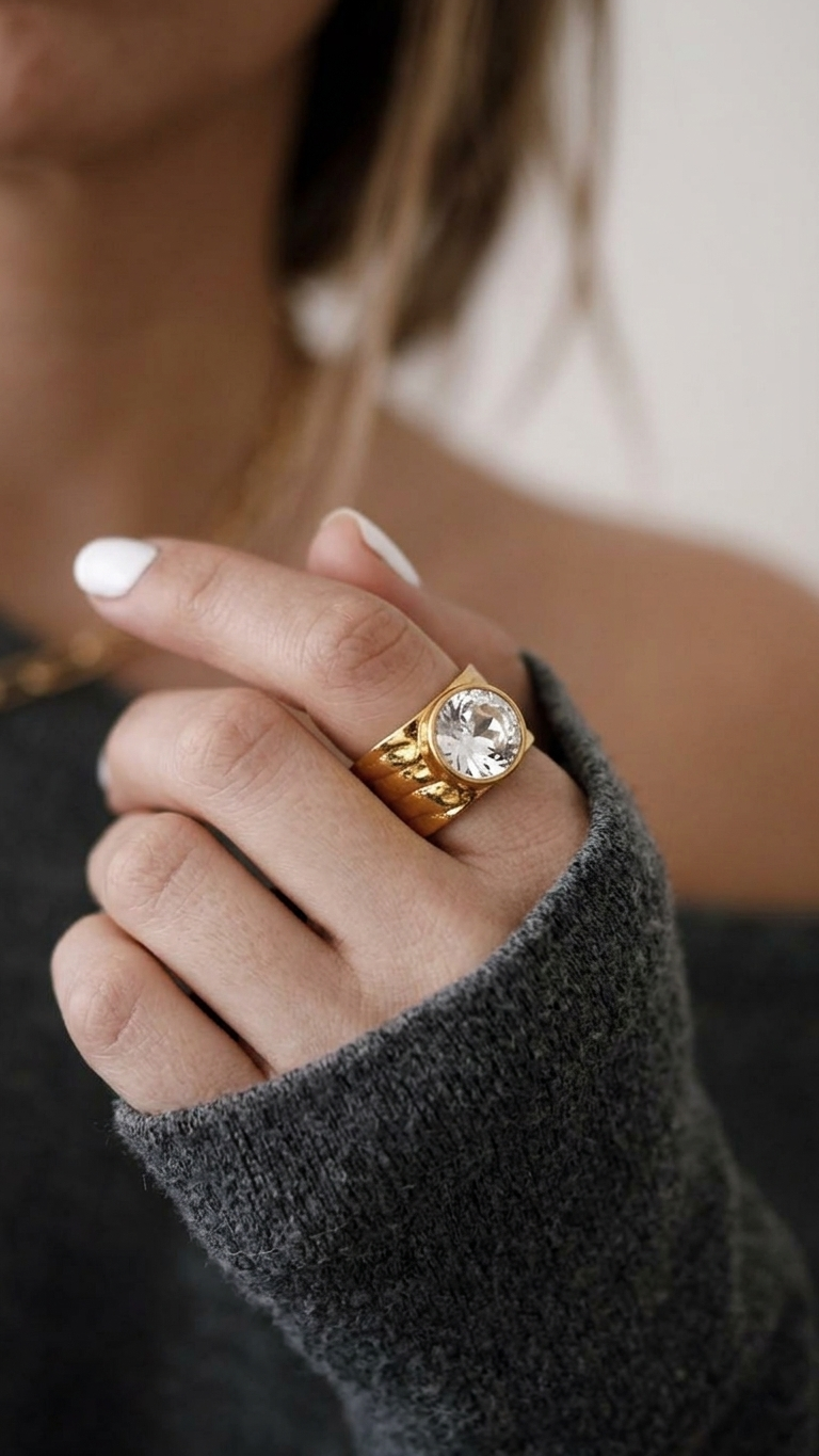 Anillo ZOI Ajustable de Acero Dorado y Circonita