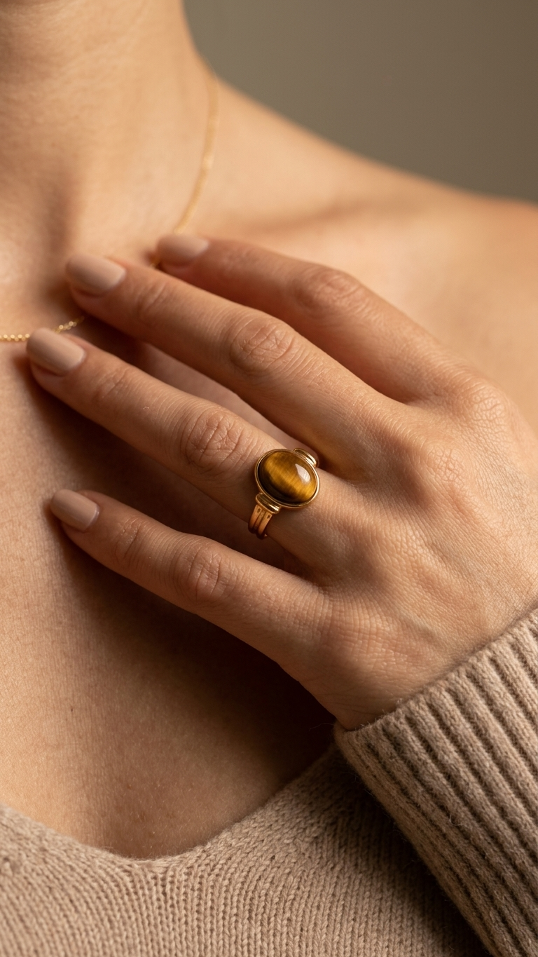 Anillo SORA en Acero Baño Oro PVD y Ojo de Tigre
