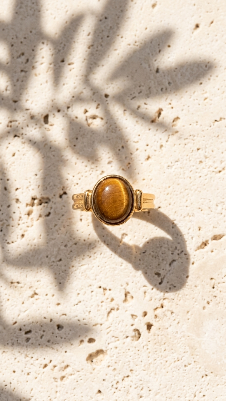 Anillo SORA en Acero Baño Oro PVD y Ojo de Tigre
