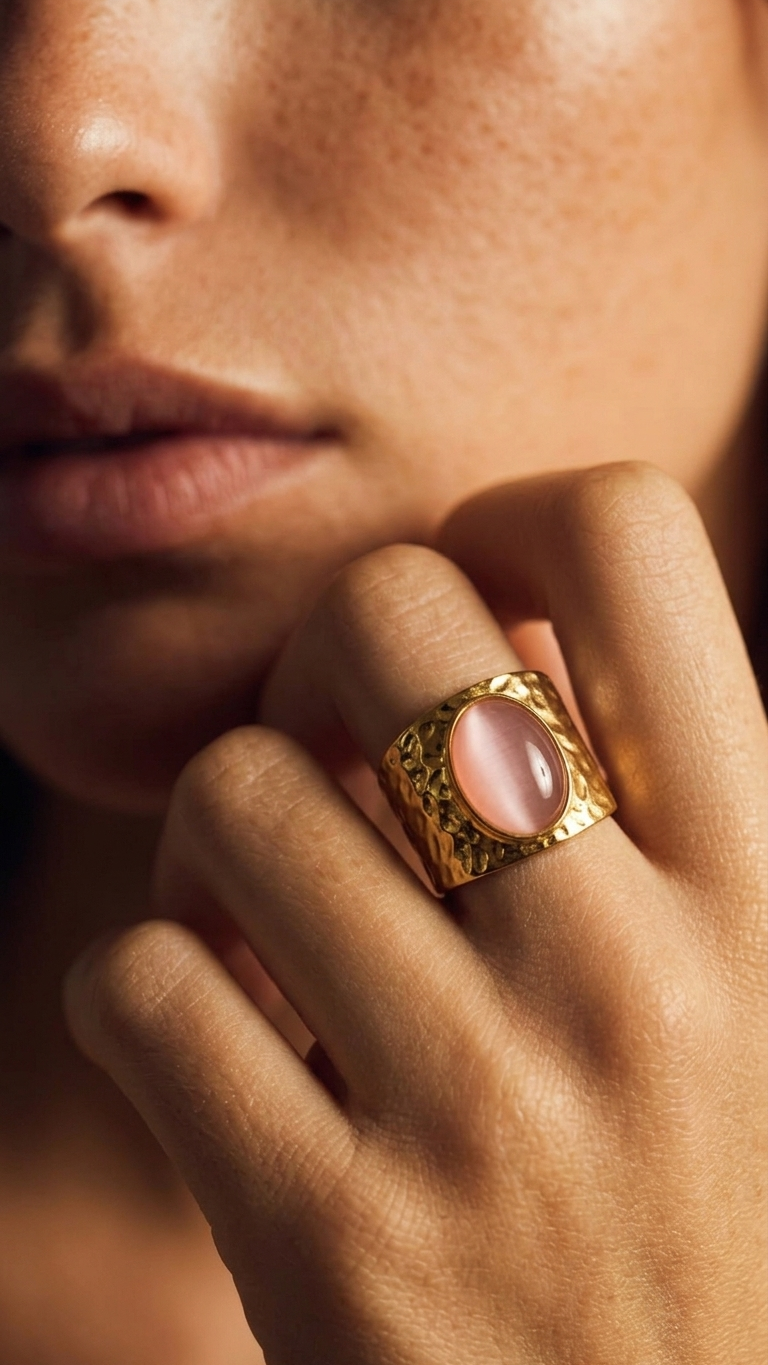 Anillo LUMA PINK en Acero Dorado y Cat Eye Rosa
