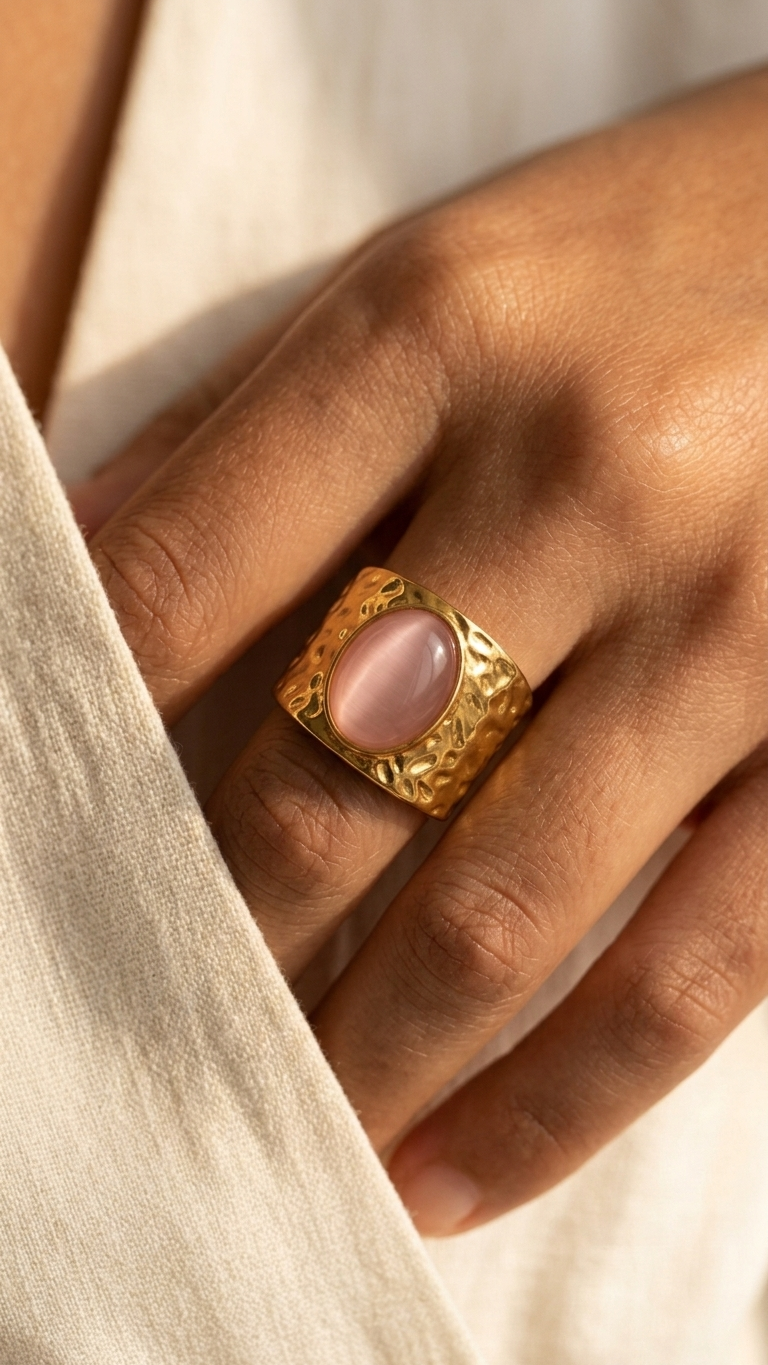 Anillo LUMA PINK en Acero Dorado y Cat Eye Rosa
