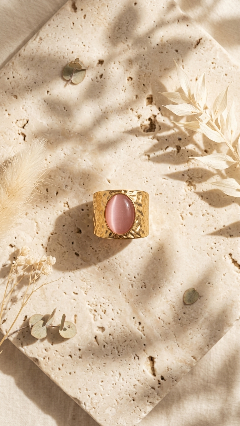 Anillo LUMA PINK en Acero Dorado y Cat Eye Rosa