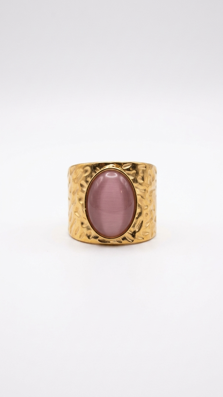 Anillo LUMA PINK en Acero Dorado y Cat Eye Rosa